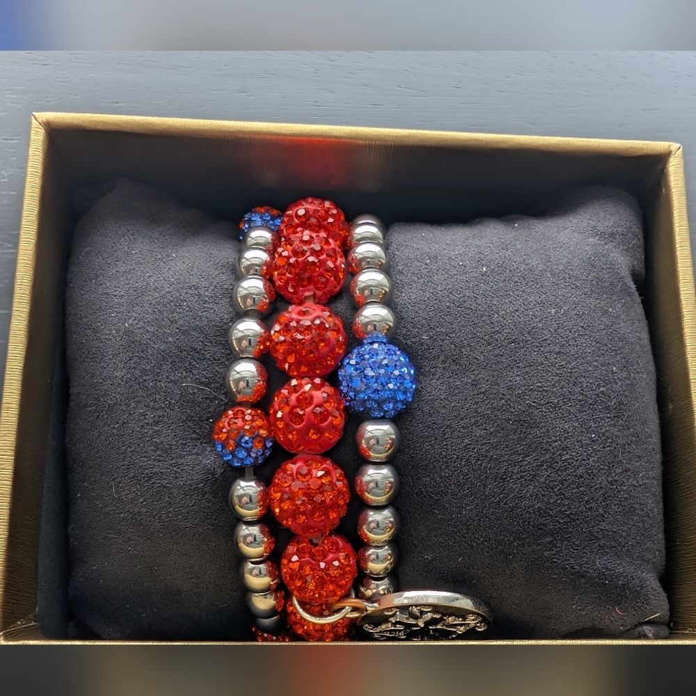 Beautiful Rustic Cuff Orange, Silver and Blue Beaded Bracelet Set Lot With Box